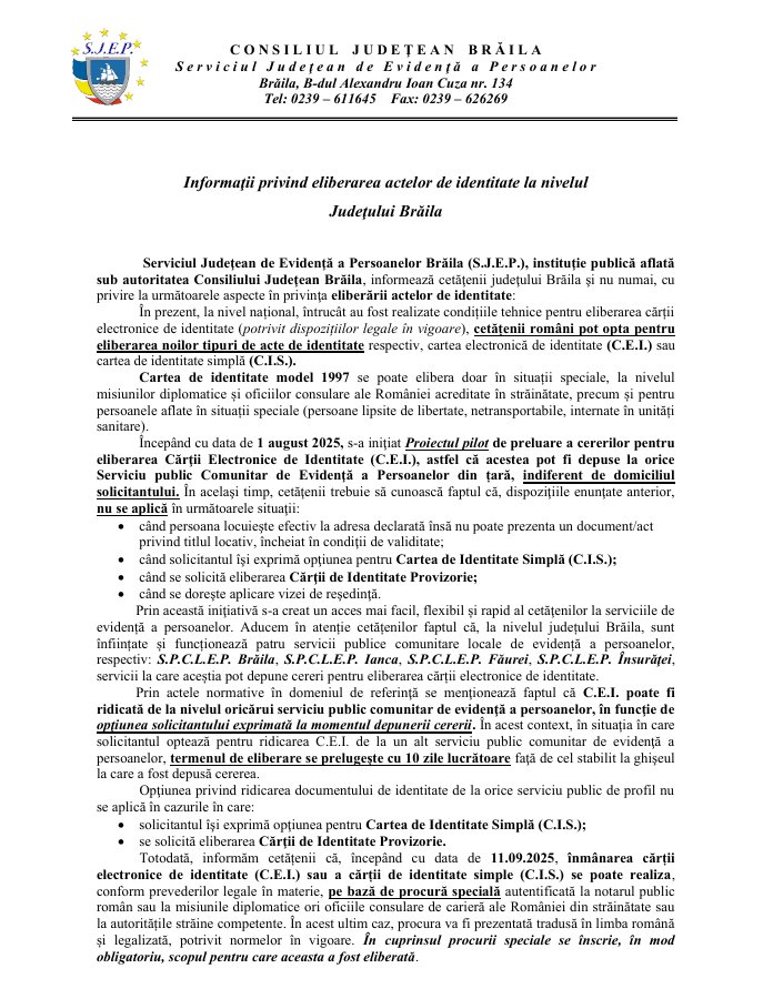 Previzualizare document Informații privind eliberarea actelor de identitate